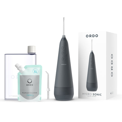 Ordo Hydro Sonic Water Flosser - Charcoal Grey & Reusable Mouthwash Bottle & Concentrate Bundle