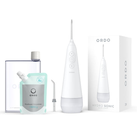 Ordo Hydro Sonic Water Flosser - White & Reusable Mouthwash Bottle & Concentrate Bundle